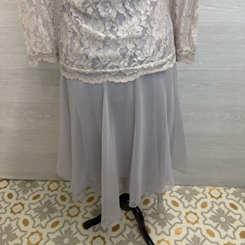 Vintage Grey Lace Long Sleeve Soft Chiffon Skirt Midi Formal Dress Medium