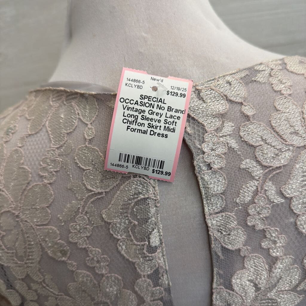 Vintage Grey Lace Long Sleeve Soft Chiffon Skirt Midi Formal Dress Medium