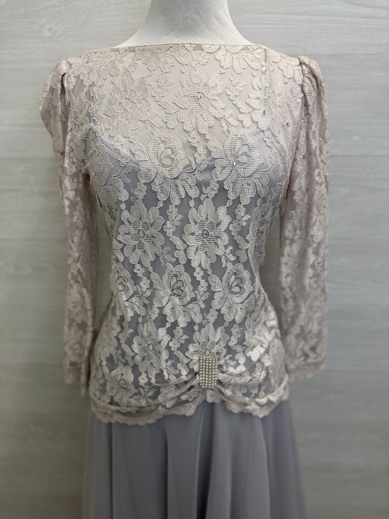 Vintage Grey Lace Long Sleeve Soft Chiffon Skirt Midi Formal Dress Medium