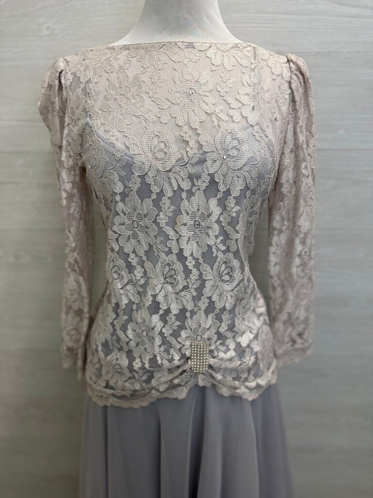 Vintage Grey Lace Long Sleeve Soft Chiffon Skirt Midi Formal Dress Medium
