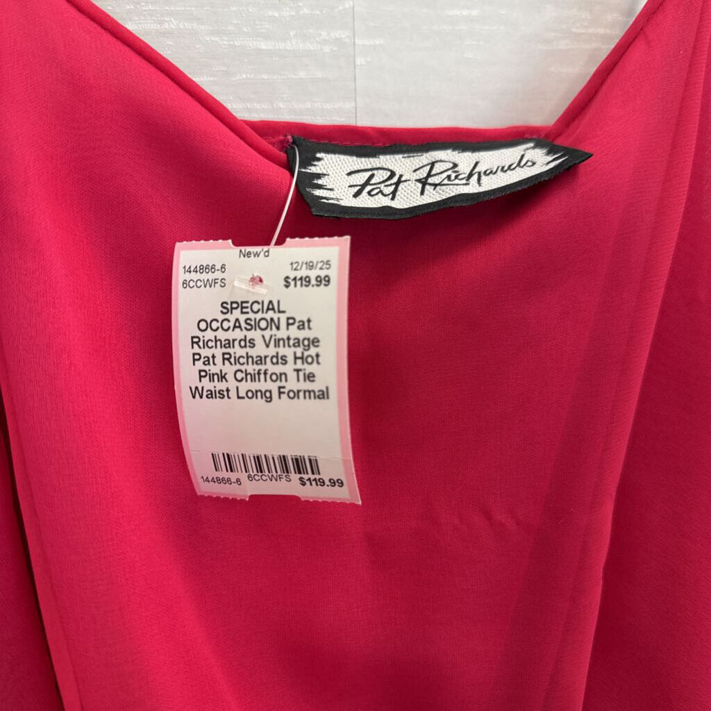 Vintage Pat Richards Hot Pink Chiffon Tie Waist Long Formal Dress Small
