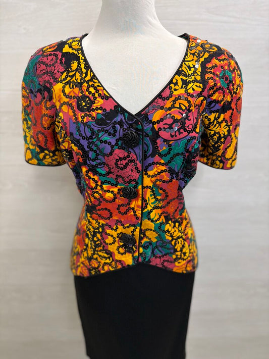 Vintage Fannye's Black Skirt Multi Color Print Sequin Top Set Formal Dress Medium
