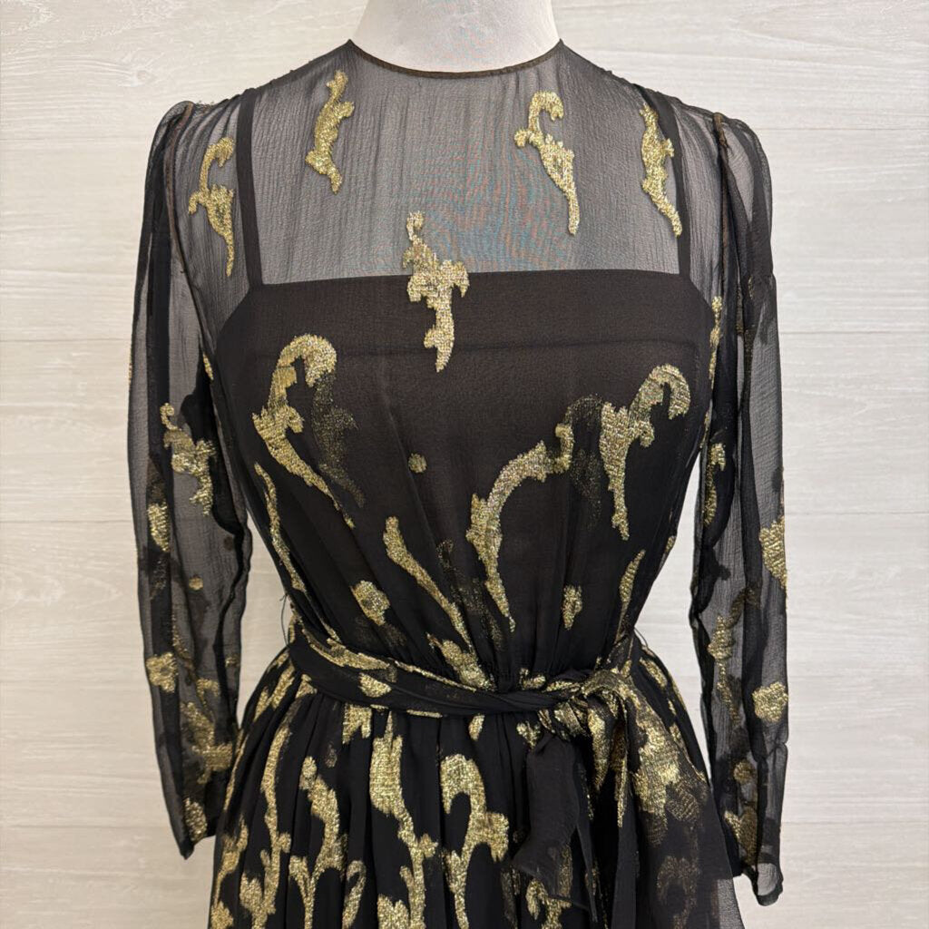 Vintage Pauline Trigere Black/ Gold Metallic Thread Print Long Sleeve Midi Formal Dress Small