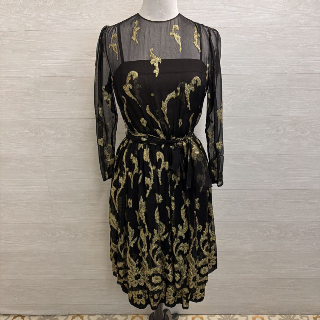 Vintage Pauline Trigere Black/ Gold Metallic Thread Print Long Sleeve Midi Formal Dress Small
