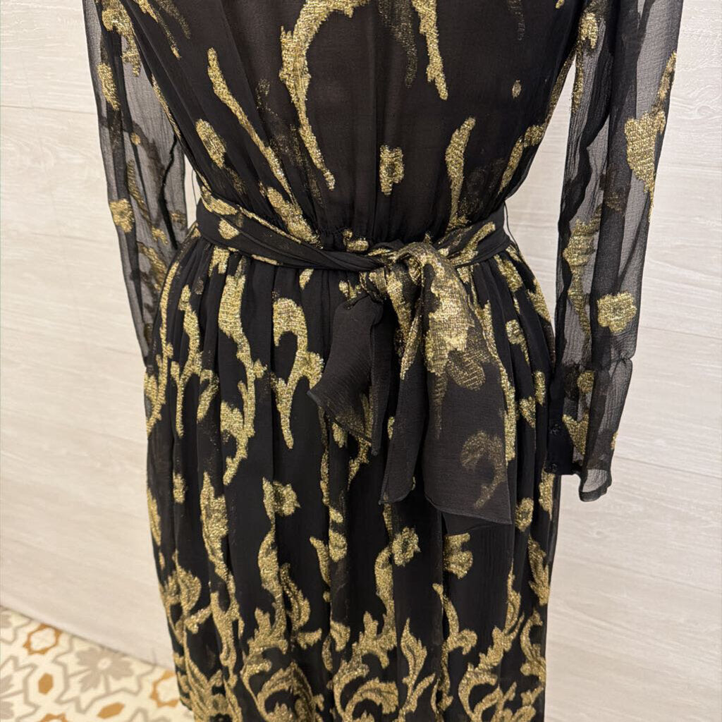 Vintage Pauline Trigere Black/ Gold Metallic Thread Print Long Sleeve Midi Formal Dress Small