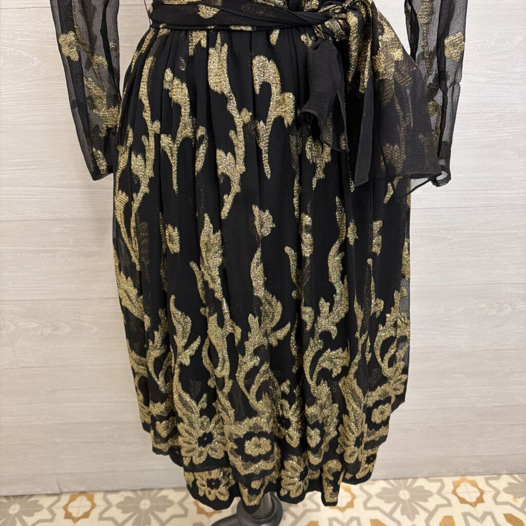 Vintage Pauline Trigere Black/ Gold Metallic Thread Print Long Sleeve Midi Formal Dress Small