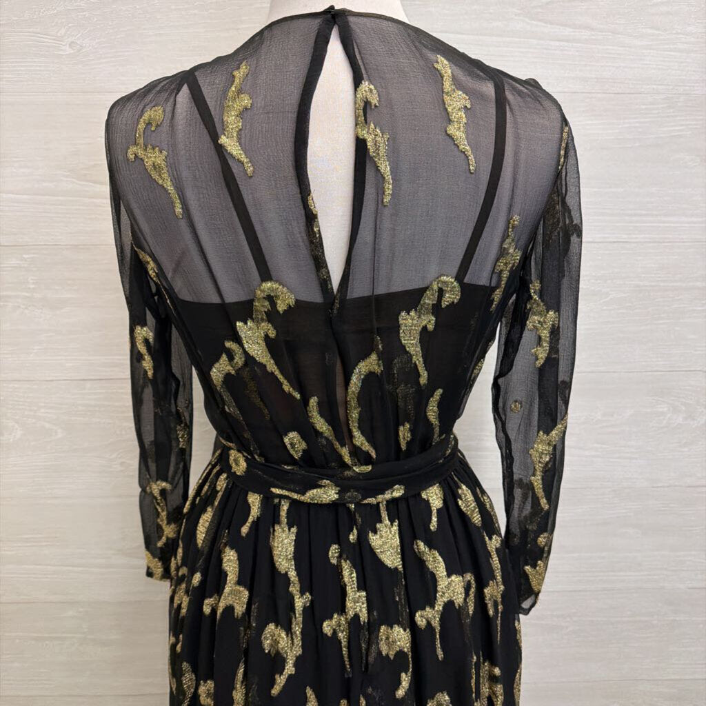 Vintage Pauline Trigere Black/ Gold Metallic Thread Print Long Sleeve Midi Formal Dress Small