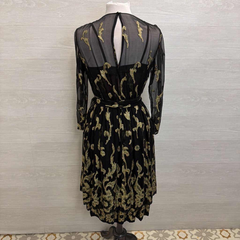 Vintage Pauline Trigere Black/ Gold Metallic Thread Print Long Sleeve Midi Formal Dress Small