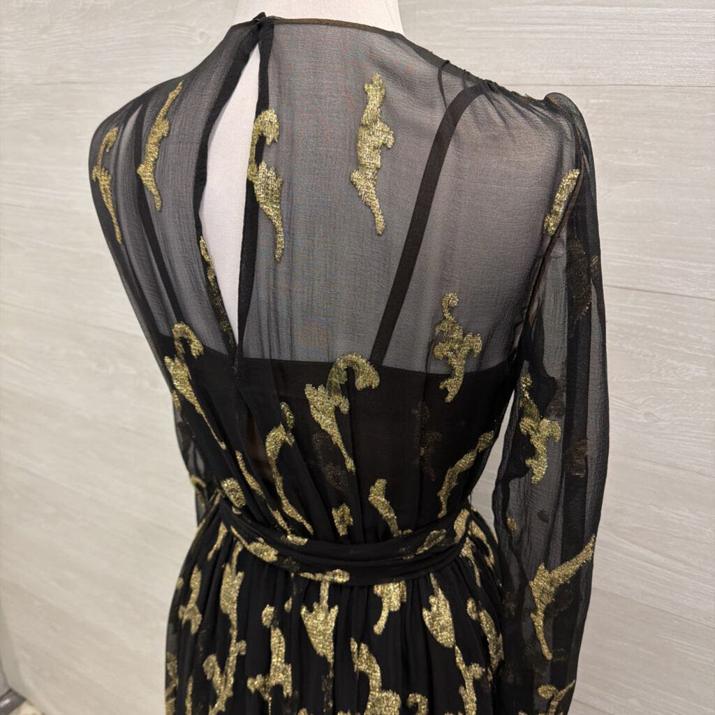 Vintage Pauline Trigere Black/ Gold Metallic Thread Print Long Sleeve Midi Formal Dress Small