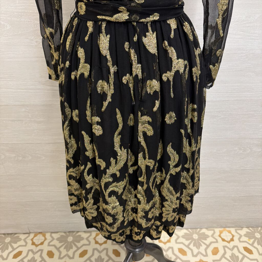 Vintage Pauline Trigere Black/ Gold Metallic Thread Print Long Sleeve Midi Formal Dress Small