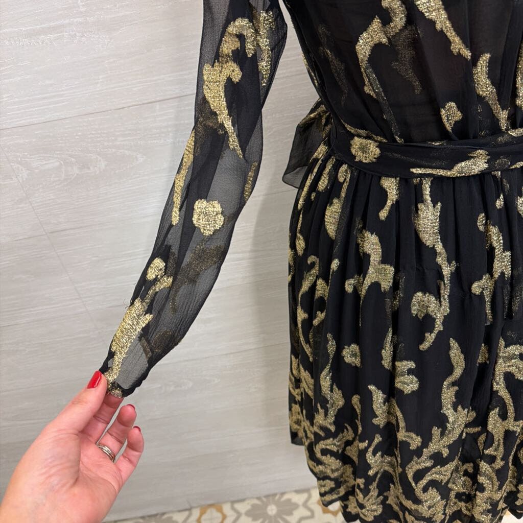 Vintage Pauline Trigere Black/ Gold Metallic Thread Print Long Sleeve Midi Formal Dress Small