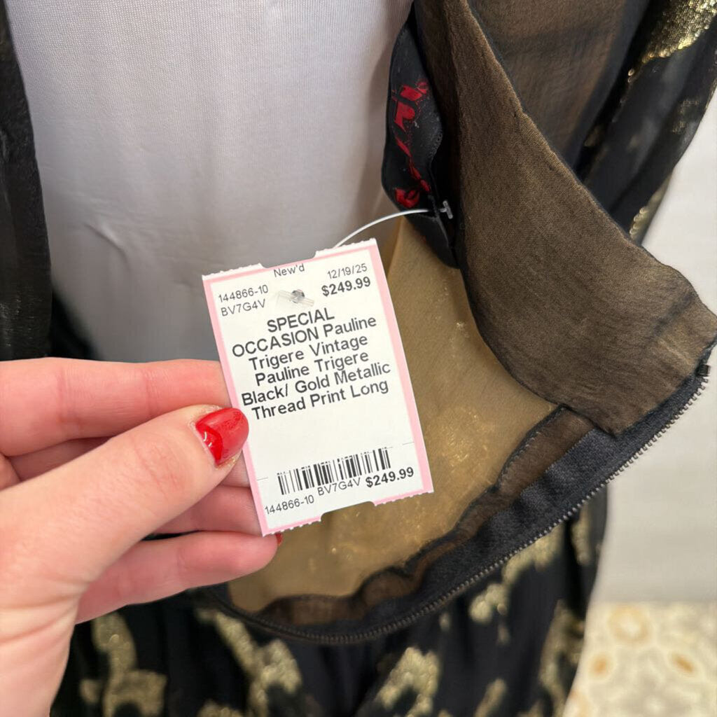 Vintage Pauline Trigere Black/ Gold Metallic Thread Print Long Sleeve Midi Formal Dress Small