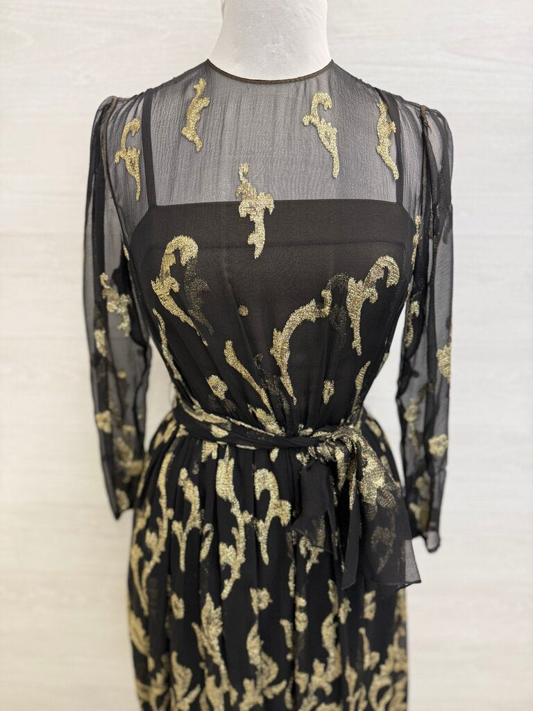 Vintage Pauline Trigere Black/ Gold Metallic Thread Print Long Sleeve Midi Formal Dress Small
