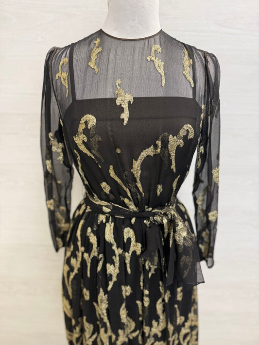 Vintage Pauline Trigere Black/ Gold Metallic Thread Print Long Sleeve Midi Formal Dress Small