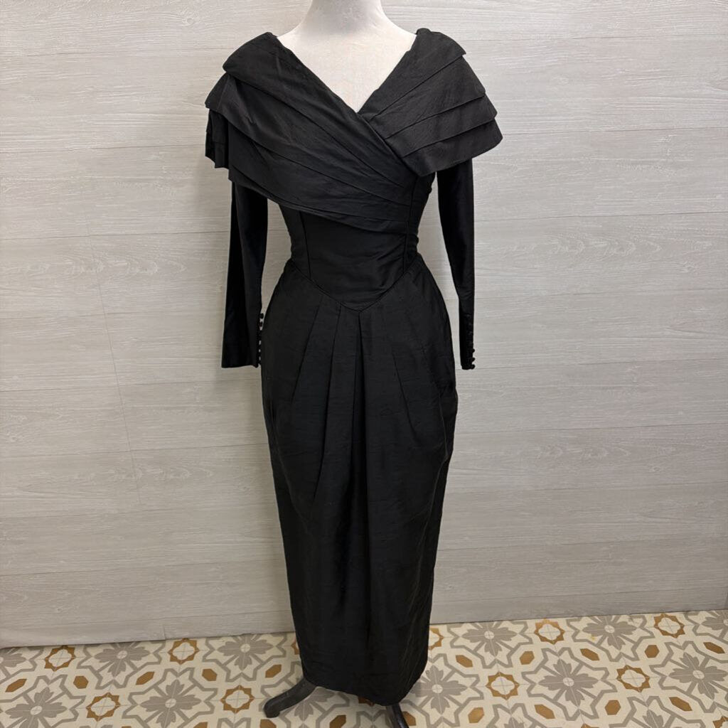 Vintage Laura Ashley Black Pleated Detail Long Sleeve Long Formal Dress Medium