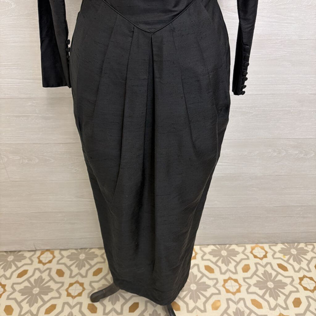 Vintage Laura Ashley Black Pleated Detail Long Sleeve Long Formal Dress Medium