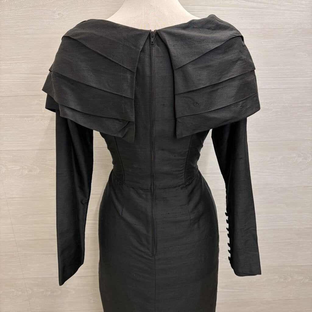 Vintage Laura Ashley Black Pleated Detail Long Sleeve Long Formal Dress Medium