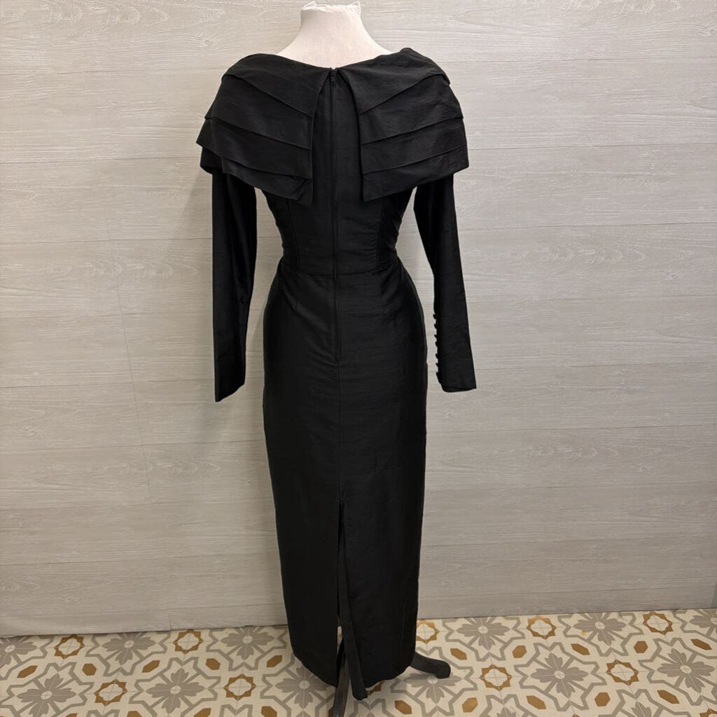 Vintage Laura Ashley Black Pleated Detail Long Sleeve Long Formal Dress Medium