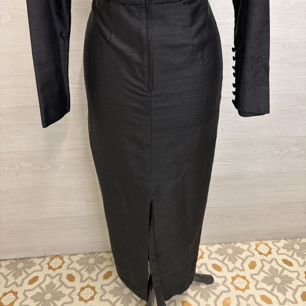 Vintage Laura Ashley Black Pleated Detail Long Sleeve Long Formal Dress Medium