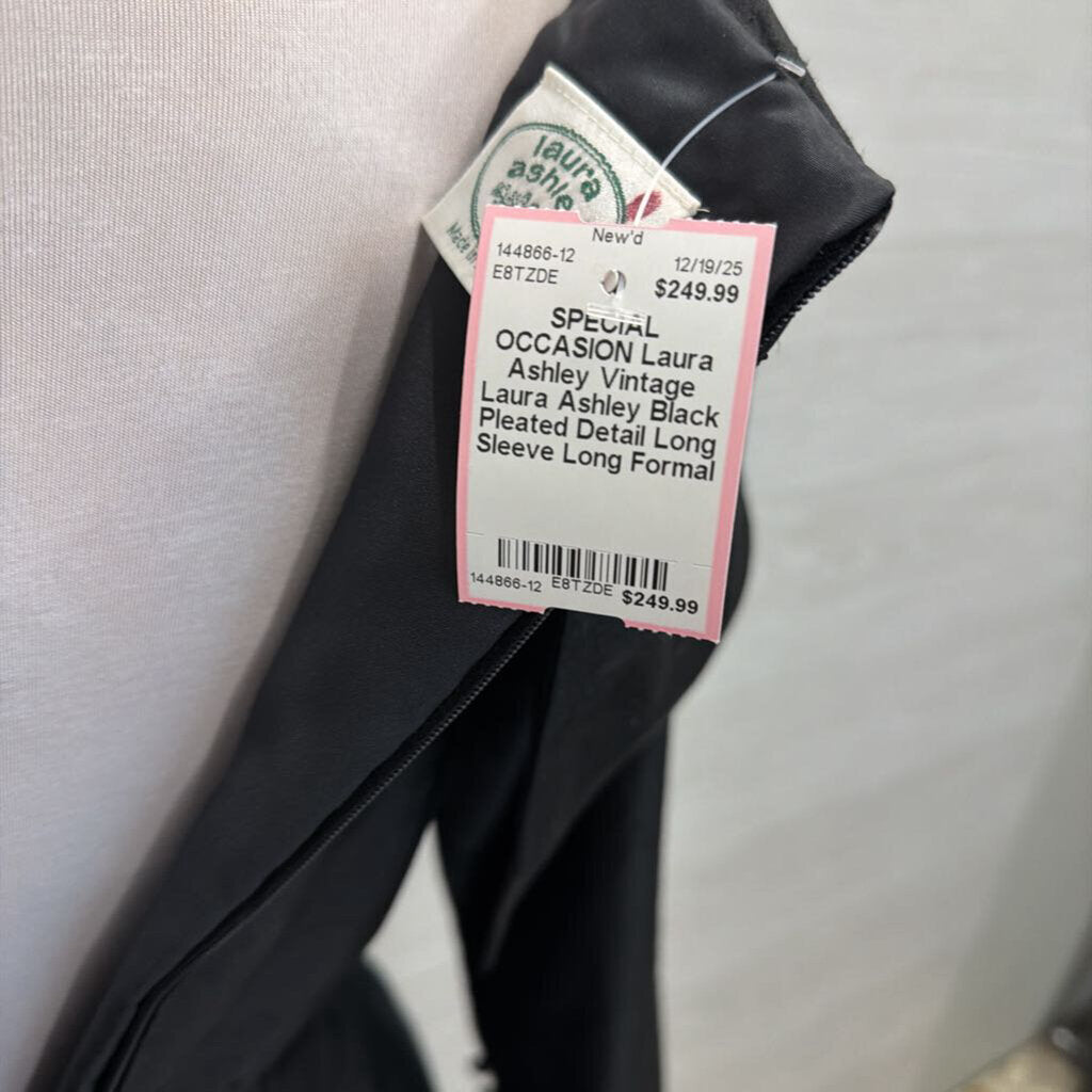 Vintage Laura Ashley Black Pleated Detail Long Sleeve Long Formal Dress Medium