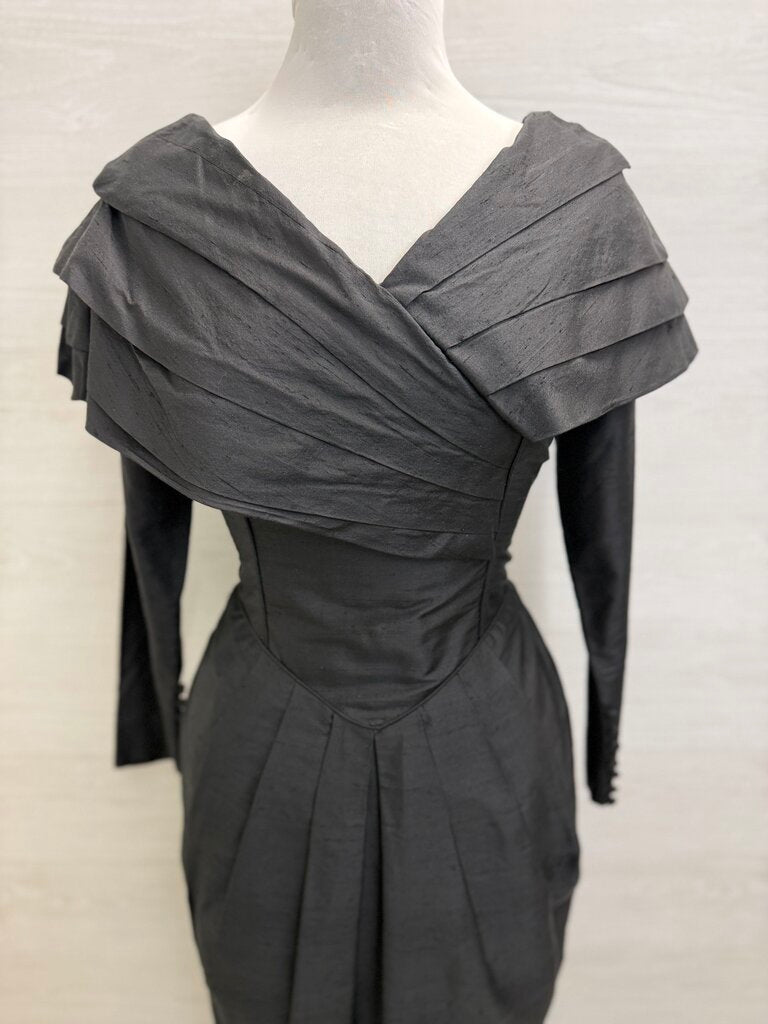 Vintage Laura Ashley Black Pleated Detail Long Sleeve Long Formal Dress Medium