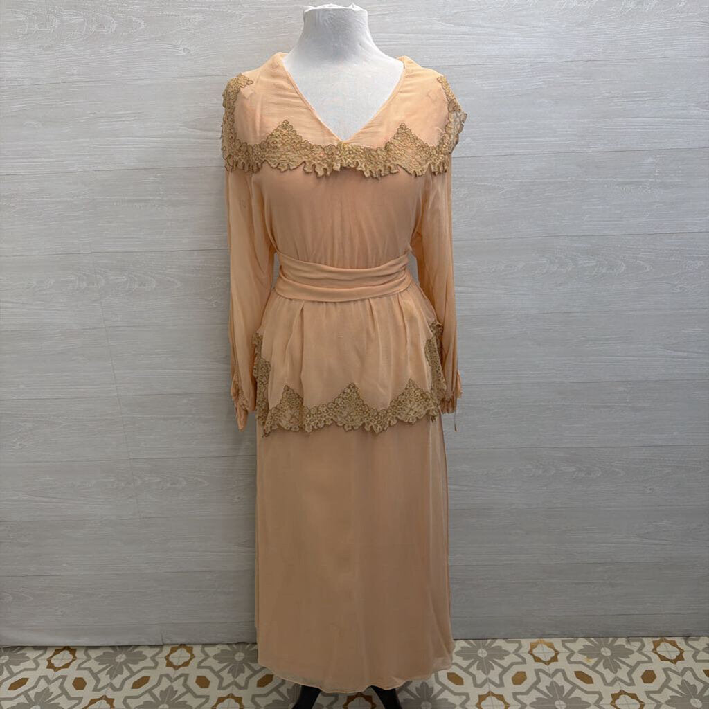 Vintage Eli Colaj Blush Lace Detail Long Sleeve Layered Long Formal Dress 42