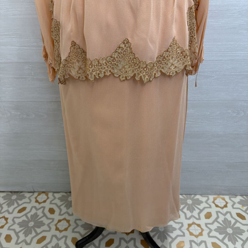 Vintage Eli Colaj Blush Lace Detail Long Sleeve Layered Long Formal Dress 42