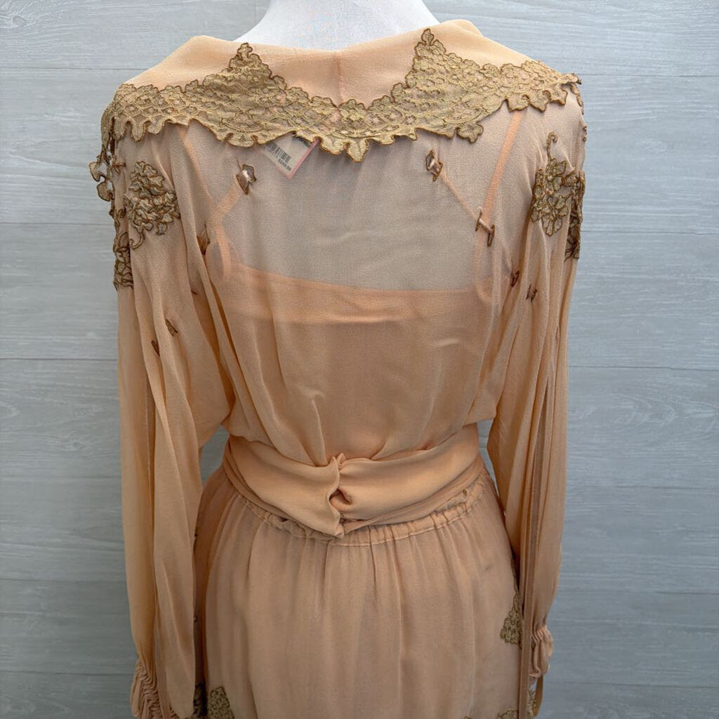 Vintage Eli Colaj Blush Lace Detail Long Sleeve Layered Long Formal Dress 42