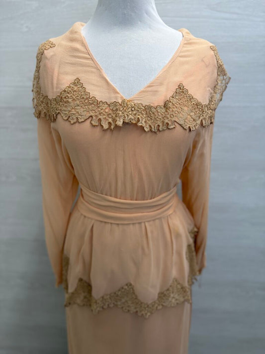 Vintage Eli Colaj Blush Lace Detail Long Sleeve Layered Long Formal Dress 42