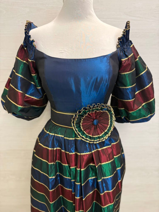 Vintage Victor Costa Metallic Blue/ Multi Short Puff Sleeve Striped Detail Belted Midi Formal Dress Small