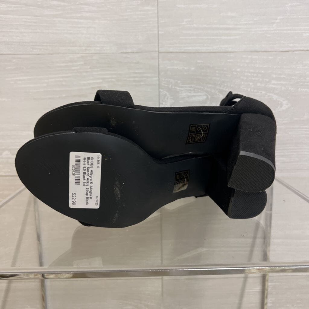 Allegra K Black Suede Ankle Strap Block Heels 8.5