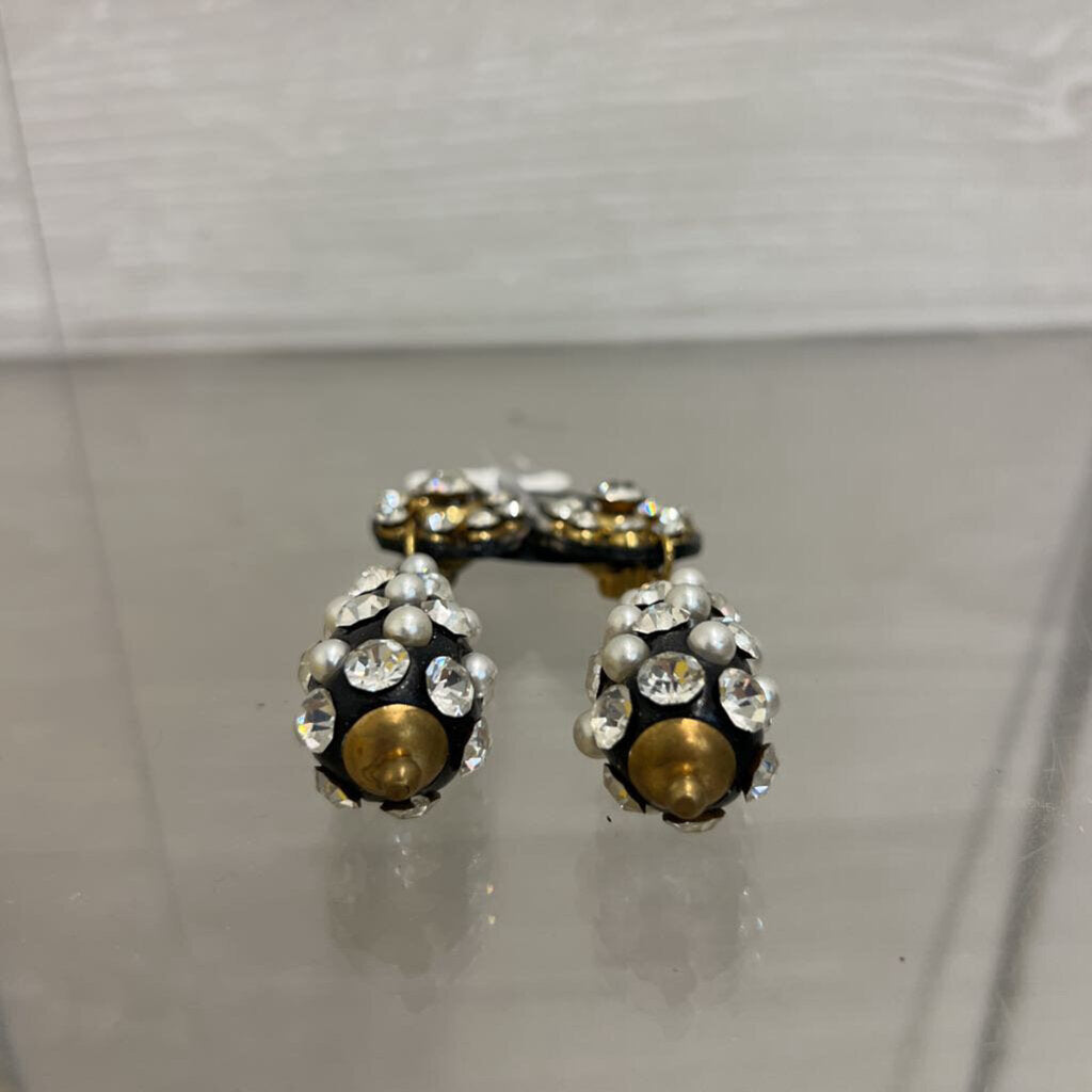 Vintage Black/ Gold/ Rhinestone/ Pearl Statement Drop Clip On Earrings