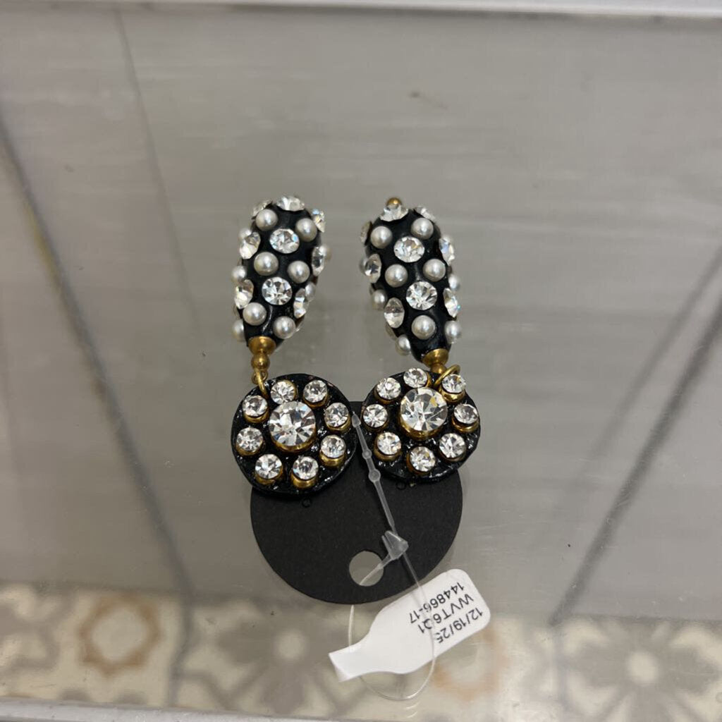 Vintage Black/ Gold/ Rhinestone/ Pearl Statement Drop Clip On Earrings