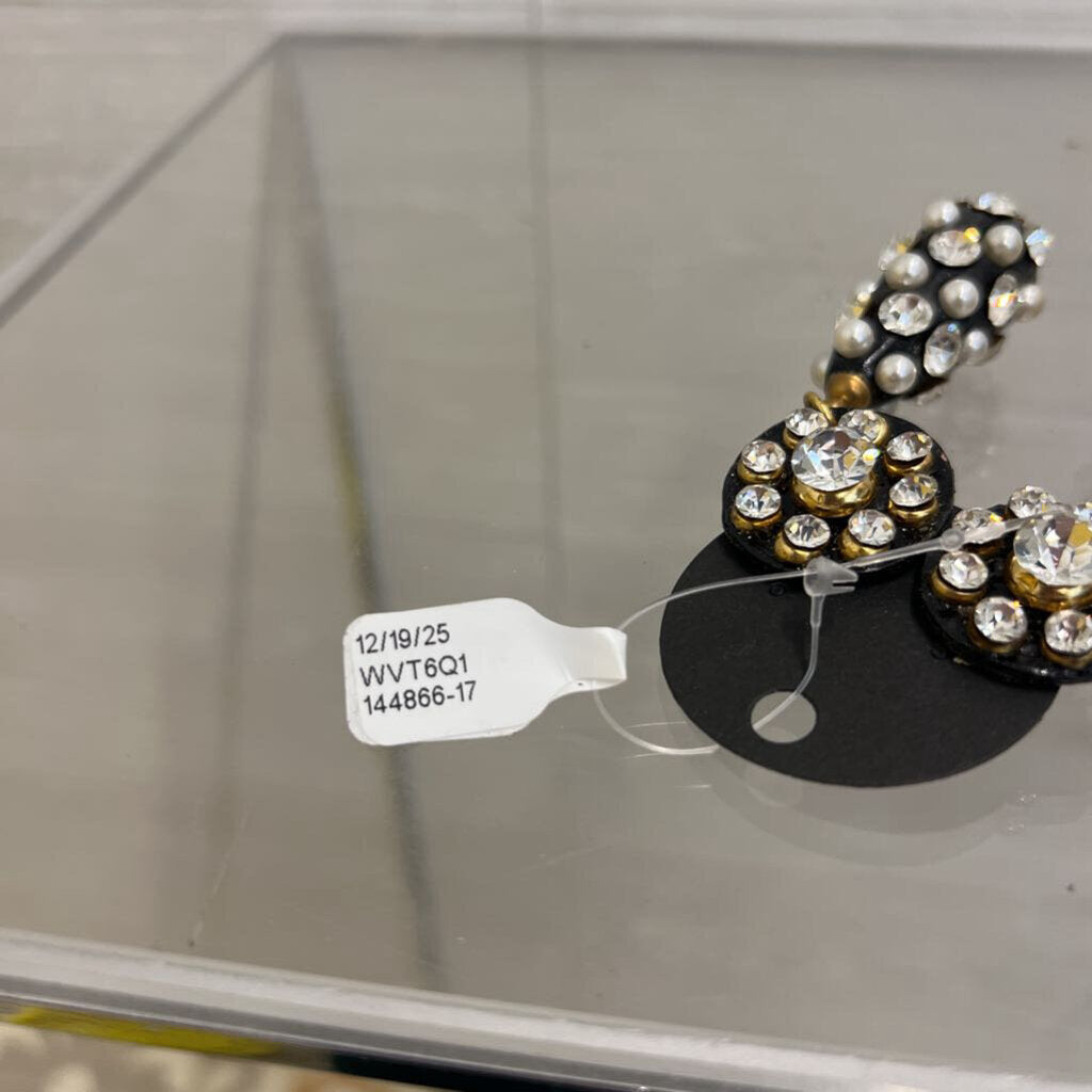 Vintage Black/ Gold/ Rhinestone/ Pearl Statement Drop Clip On Earrings