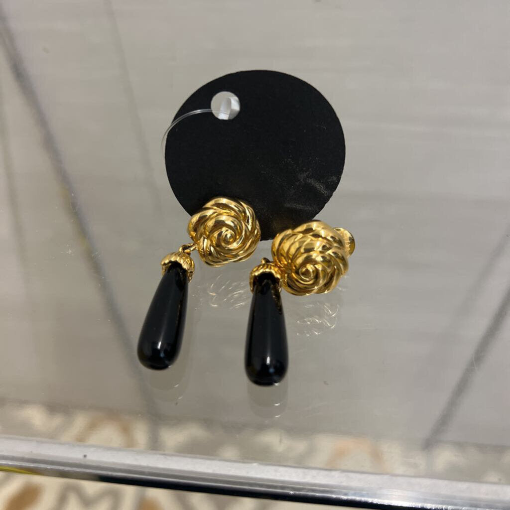 Vintage Gold/ Black Rose Drop Clip On Earrings