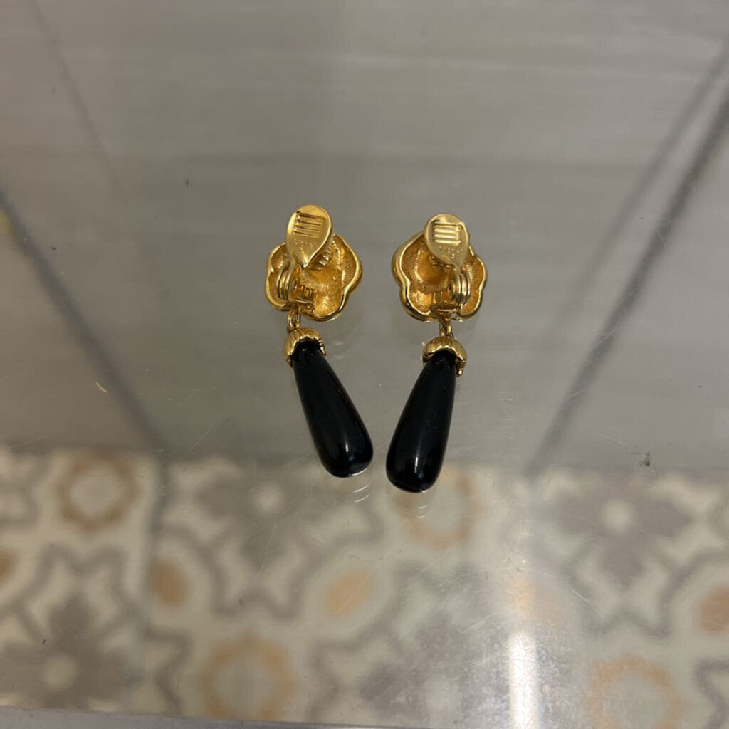 Vintage Gold/ Black Rose Drop Clip On Earrings