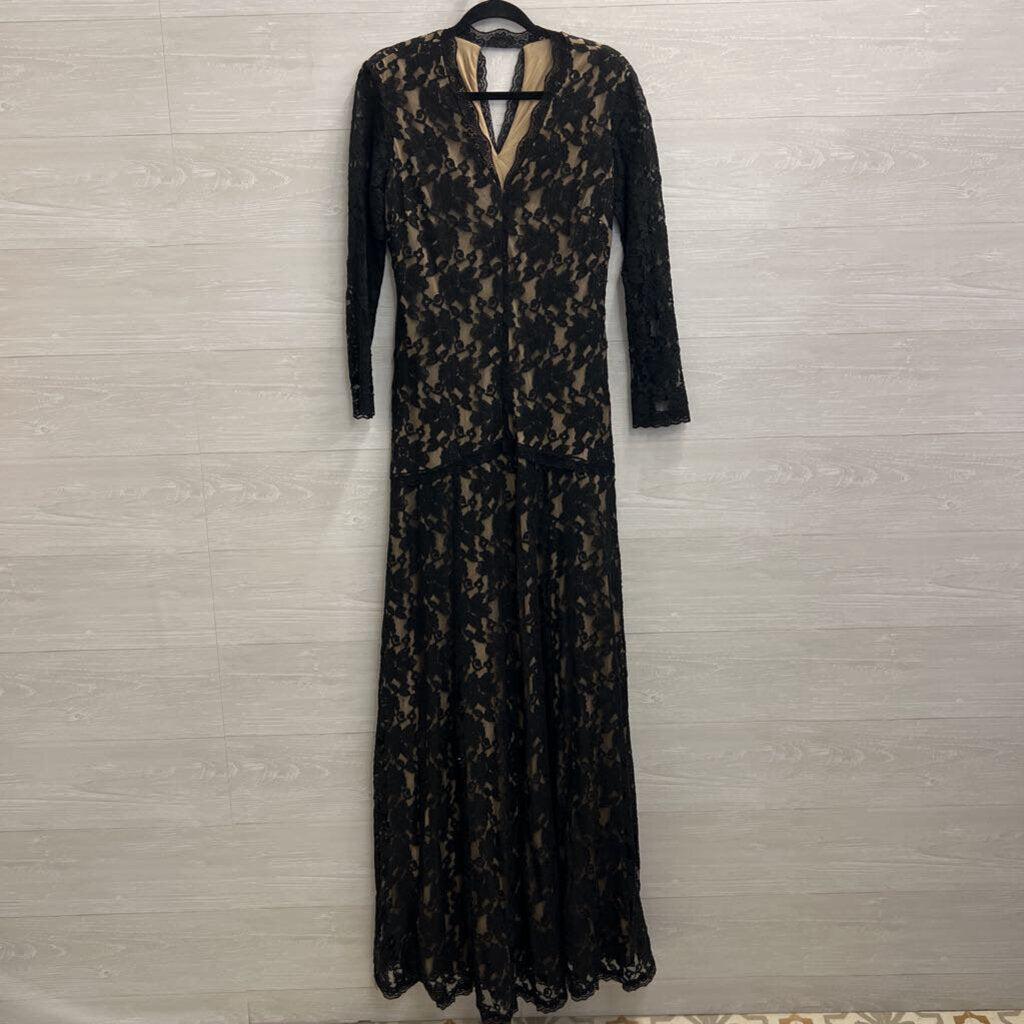 Beautifly Black/ Beige Lace Long Sleeve V Neck Maxi Dress 12