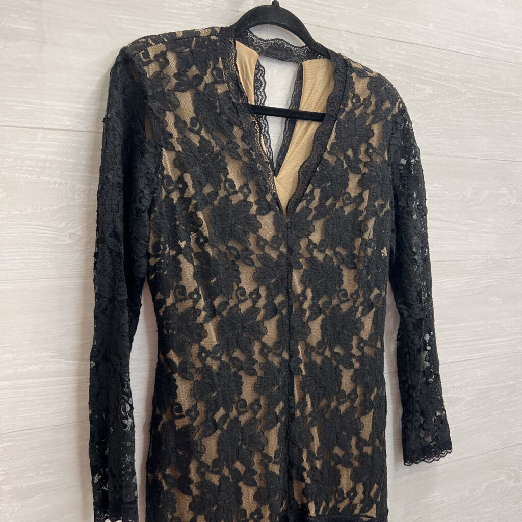 Beautifly Black/ Beige Lace Long Sleeve V Neck Maxi Dress 12