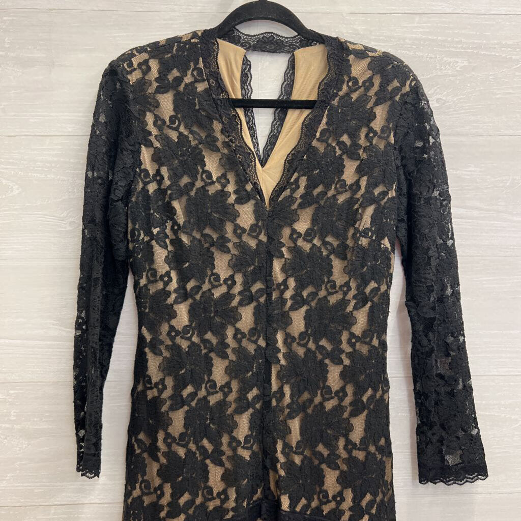 Beautifly Black/ Beige Lace Long Sleeve V Neck Maxi Dress 12