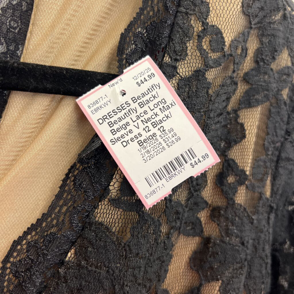 Beautifly Black/ Beige Lace Long Sleeve V Neck Maxi Dress 12