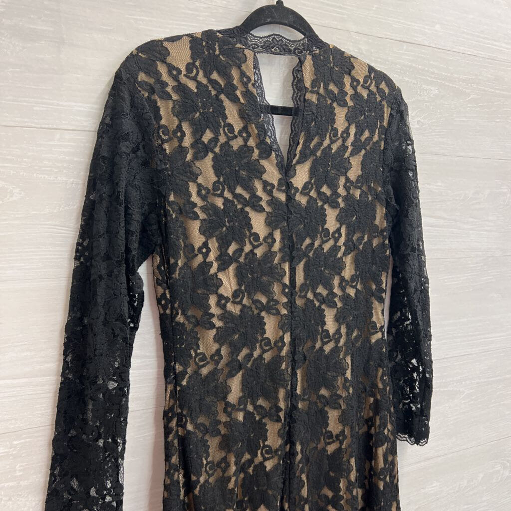 Beautifly Black/ Beige Lace Long Sleeve V Neck Maxi Dress 12