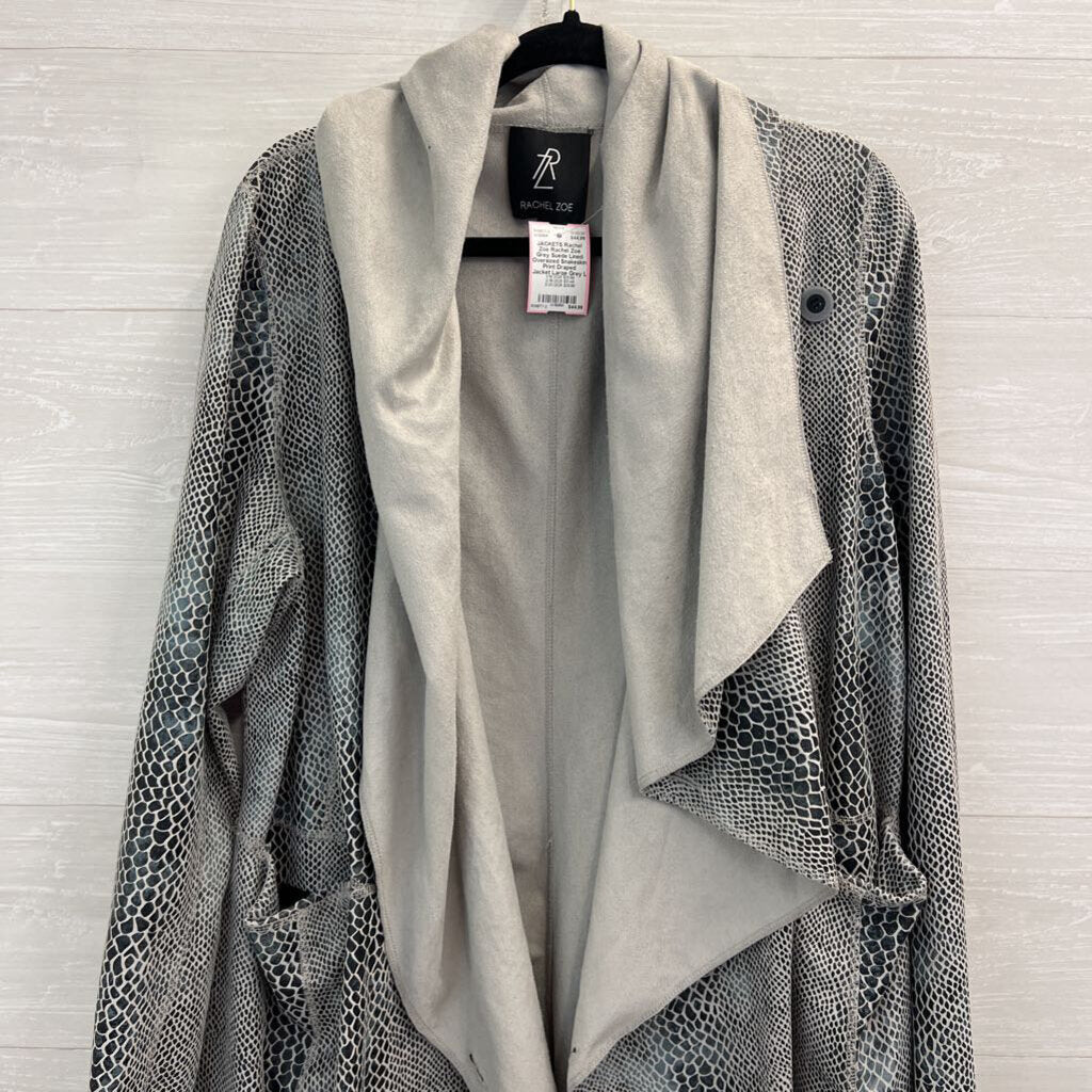Rachel Zoe Grey Suede Lined Oversized Snakeskin Print Draped Jacket Large