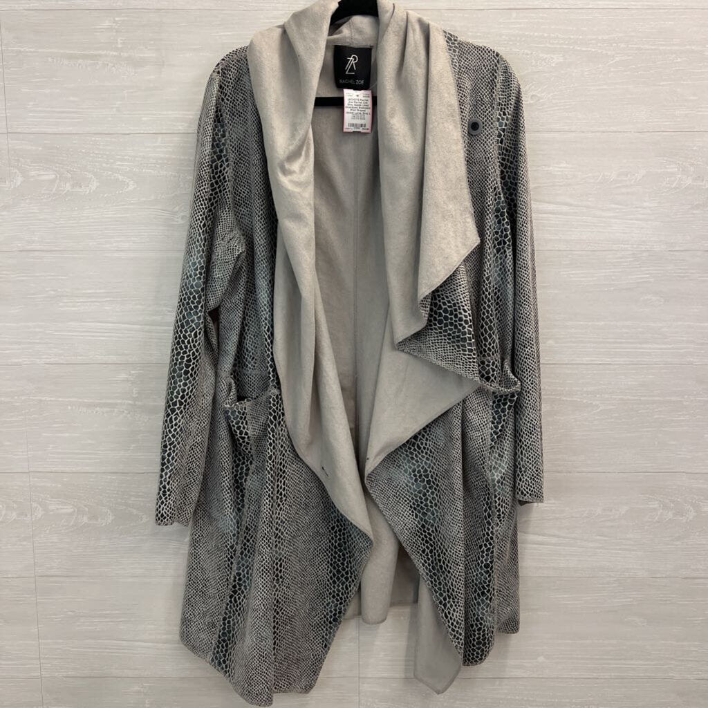 Rachel Zoe Grey Suede Lined Oversized Snakeskin Print Draped Jacket Large