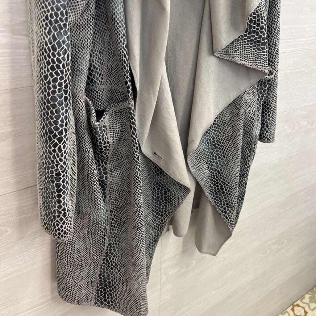 Rachel Zoe Grey Suede Lined Oversized Snakeskin Print Draped Jacket Large