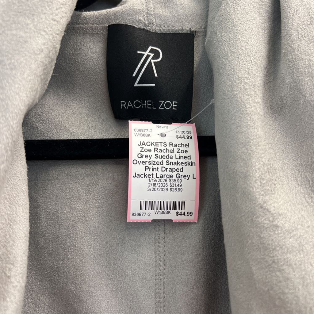 Rachel Zoe Grey Suede Lined Oversized Snakeskin Print Draped Jacket Large