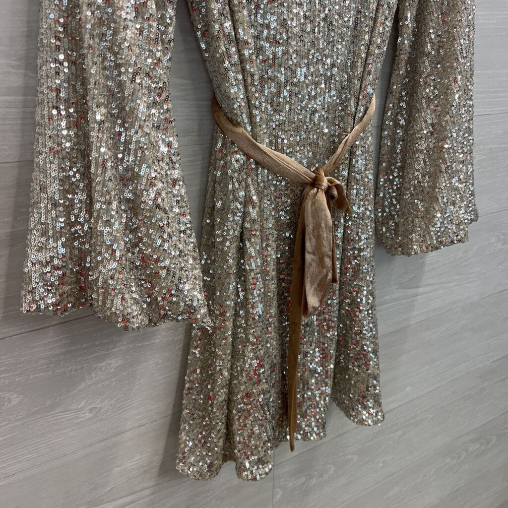 Rewind Gold/ Silver Sequin Long Sleeve Tie Waist Dress Large