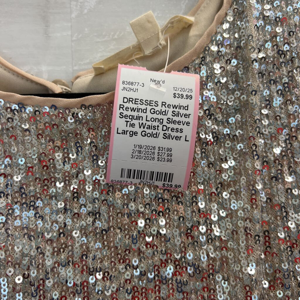 Rewind Gold/ Silver Sequin Long Sleeve Tie Waist Dress Large