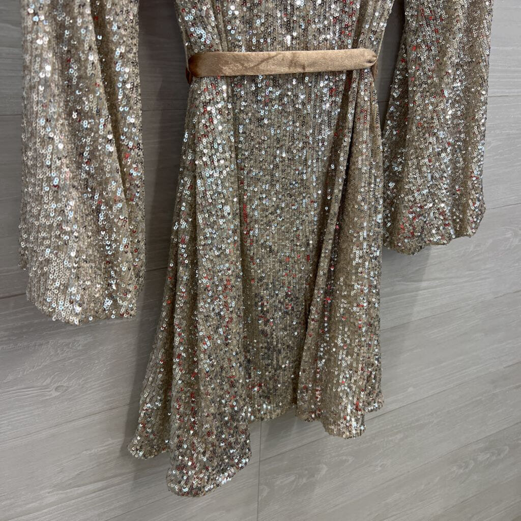 Rewind Gold/ Silver Sequin Long Sleeve Tie Waist Dress Large
