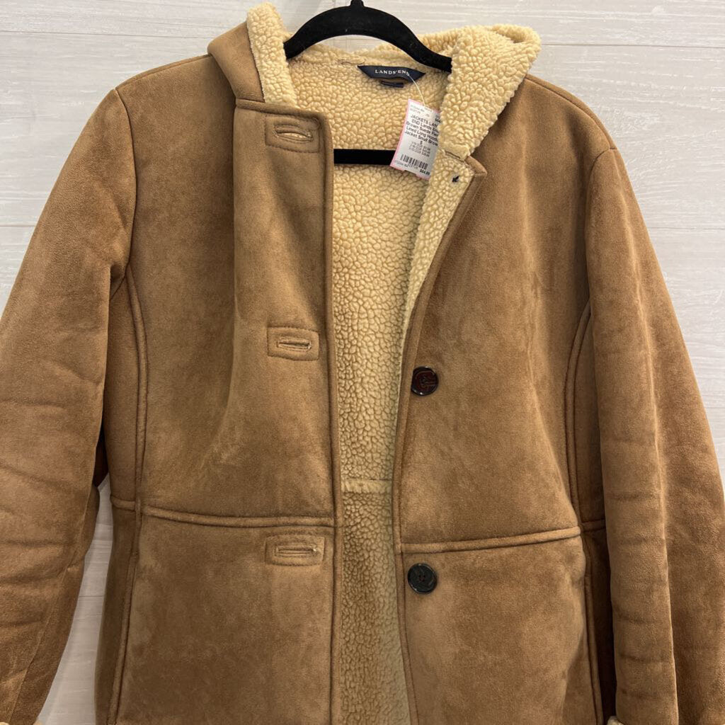 Lands End Brown Suede Fleece Lined Long Hooded Jacket Small