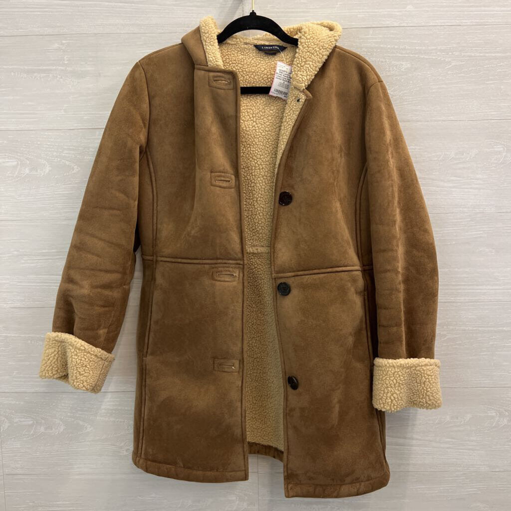Lands End Brown Suede Fleece Lined Long Hooded Jacket Small